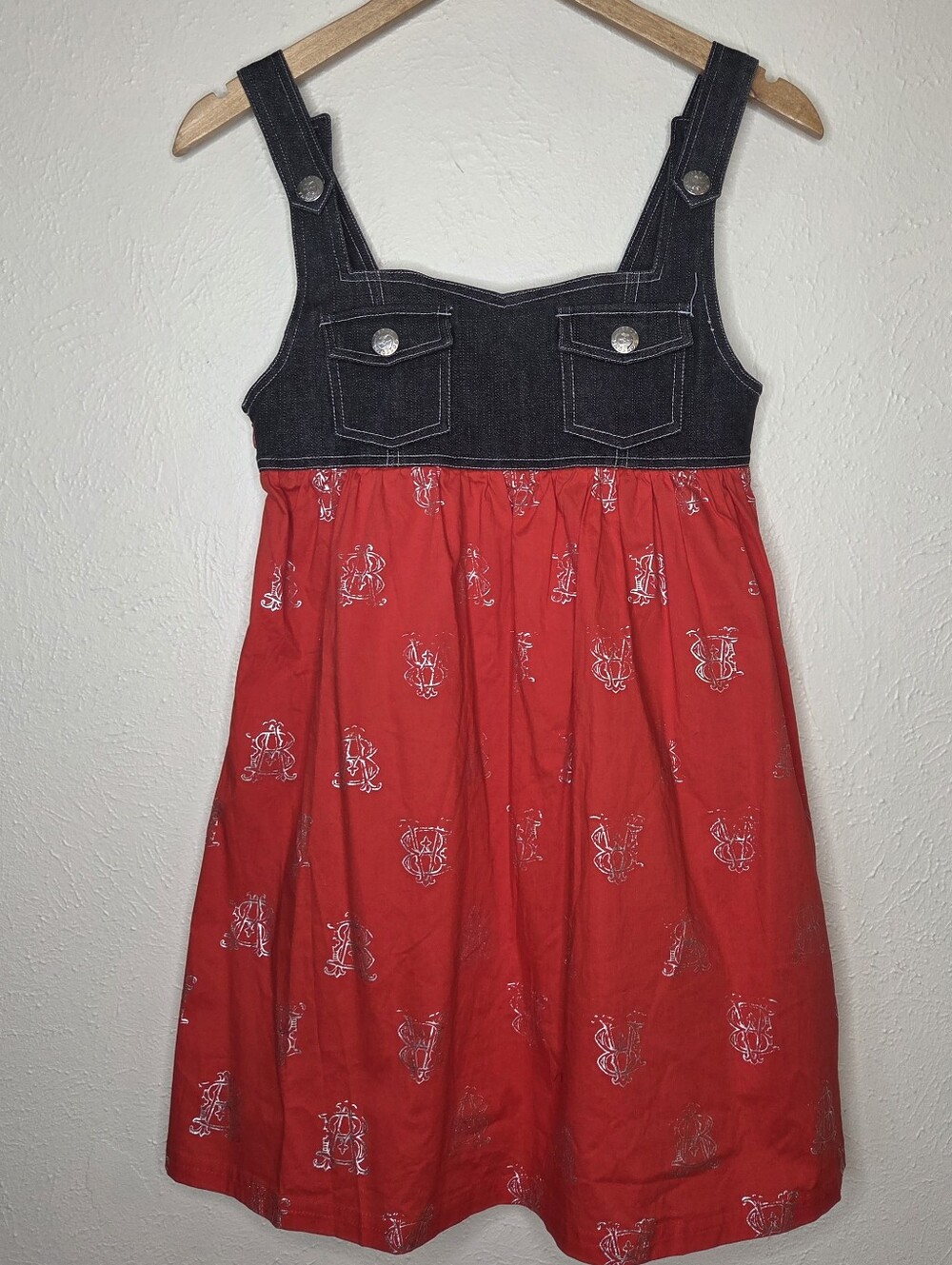 Apple Bottoms Girls Y2K Denim  Dress Red Rhinestone Side Graphic Large